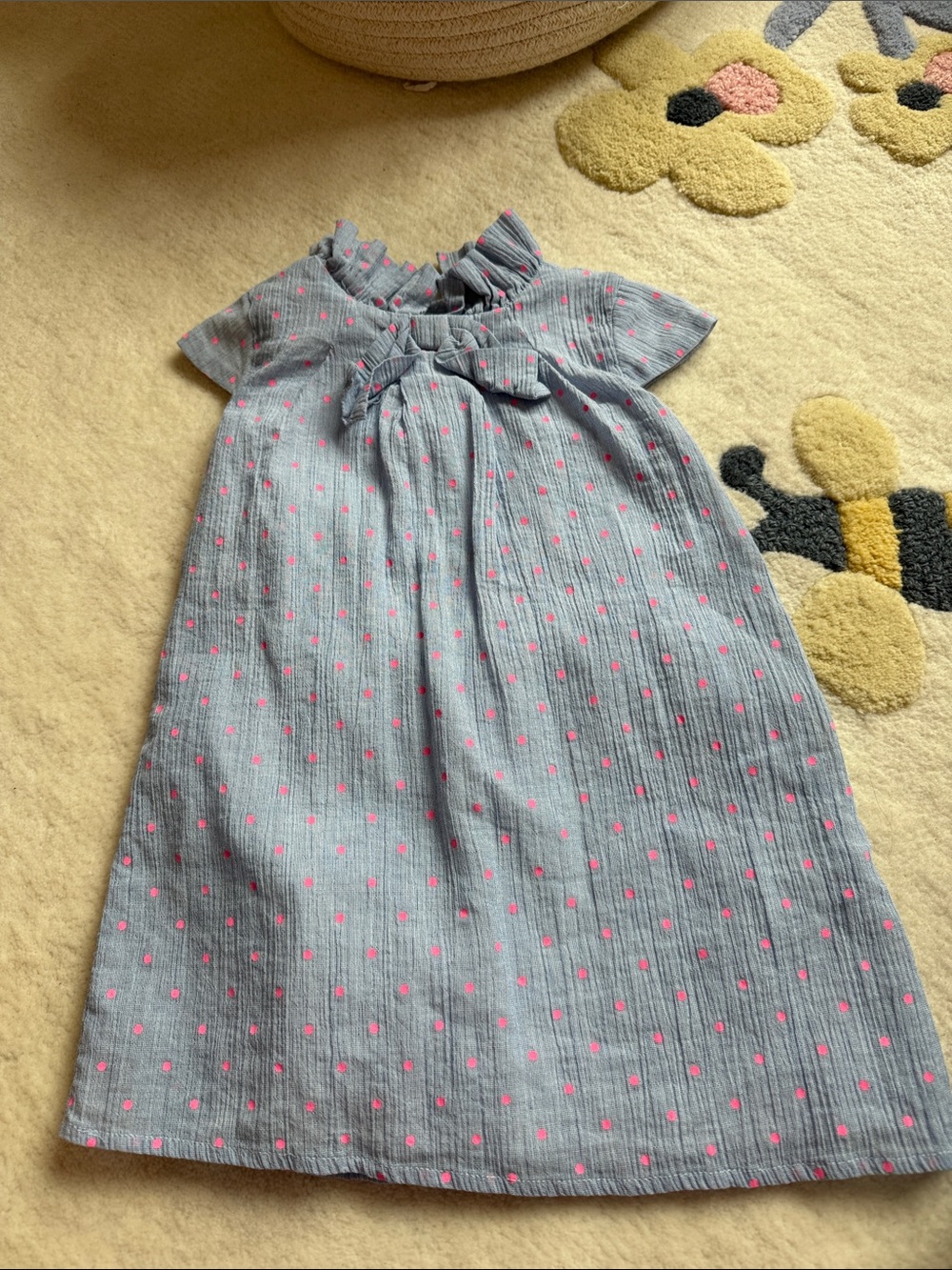 Girls' Gray Dress with Pink Polka Dots and Bow Detail